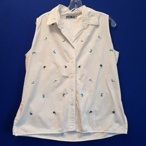 White Stag White No-Sleeve Blouse with Blue Embroidered Flowers